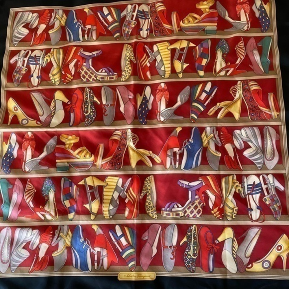 Salvador Ferragamo Designer red black silk shoe print motif luxury scarf